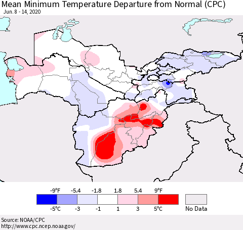 Central Asia Mean Minimum Temperature Departure from Normal (CPC) Thematic Map For 6/8/2020 - 6/14/2020