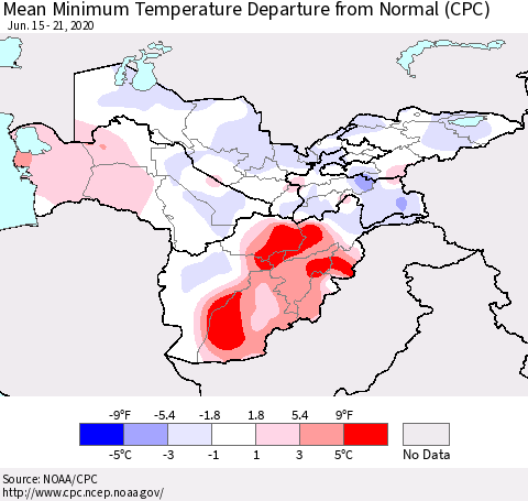 Central Asia Mean Minimum Temperature Departure from Normal (CPC) Thematic Map For 6/15/2020 - 6/21/2020