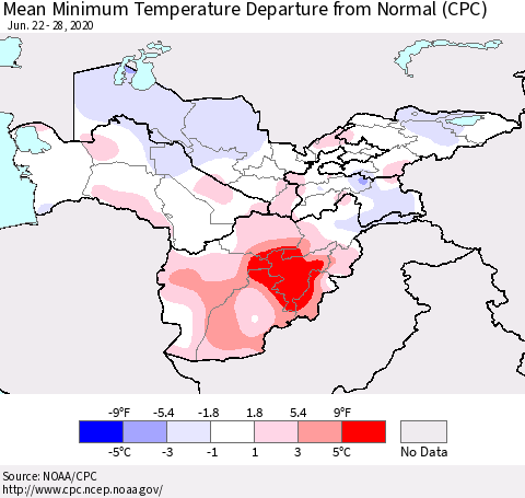 Central Asia Mean Minimum Temperature Departure from Normal (CPC) Thematic Map For 6/22/2020 - 6/28/2020