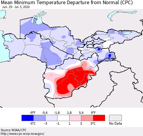 Central Asia Mean Minimum Temperature Departure from Normal (CPC) Thematic Map For 6/29/2020 - 7/5/2020