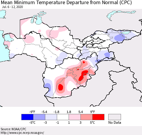 Central Asia Mean Minimum Temperature Departure from Normal (CPC) Thematic Map For 7/6/2020 - 7/12/2020