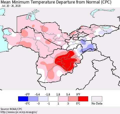 Central Asia Mean Minimum Temperature Departure from Normal (CPC) Thematic Map For 7/20/2020 - 7/26/2020