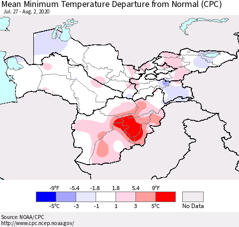 Central Asia Mean Minimum Temperature Departure from Normal (CPC) Thematic Map For 7/27/2020 - 8/2/2020