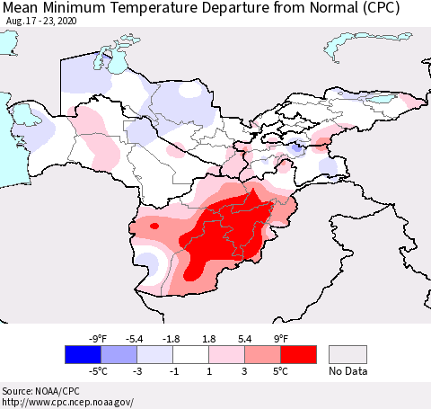 Central Asia Mean Minimum Temperature Departure from Normal (CPC) Thematic Map For 8/17/2020 - 8/23/2020