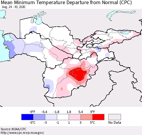 Central Asia Mean Minimum Temperature Departure from Normal (CPC) Thematic Map For 8/24/2020 - 8/30/2020