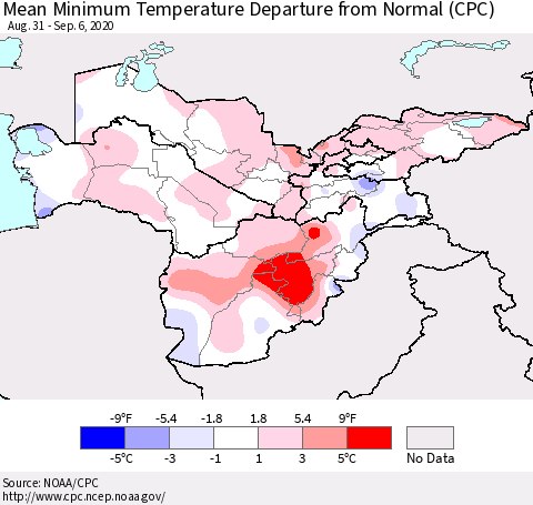Central Asia Mean Minimum Temperature Departure from Normal (CPC) Thematic Map For 8/31/2020 - 9/6/2020