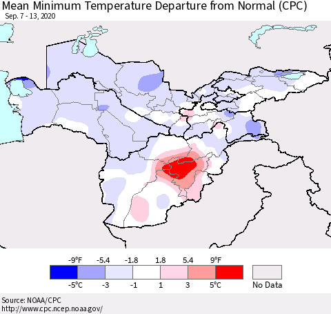Central Asia Mean Minimum Temperature Departure from Normal (CPC) Thematic Map For 9/7/2020 - 9/13/2020
