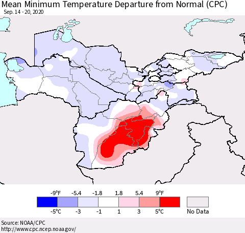 Central Asia Mean Minimum Temperature Departure from Normal (CPC) Thematic Map For 9/14/2020 - 9/20/2020