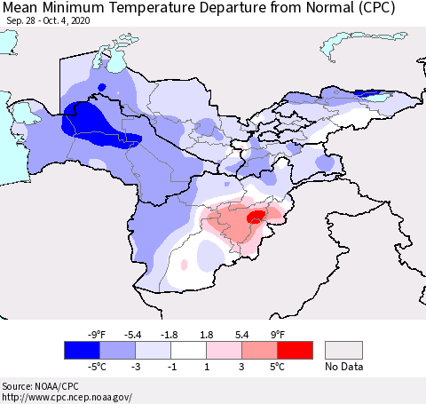 Central Asia Mean Minimum Temperature Departure from Normal (CPC) Thematic Map For 9/28/2020 - 10/4/2020