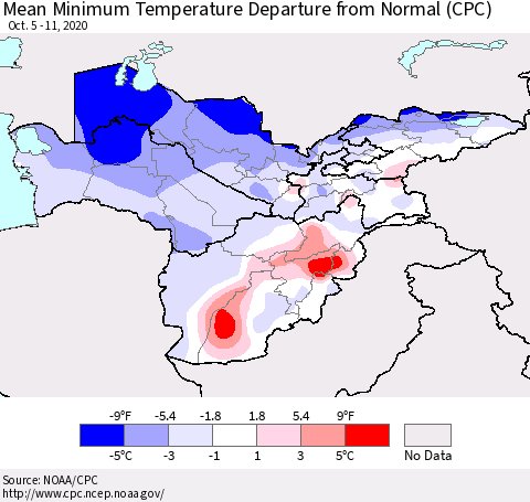 Central Asia Mean Minimum Temperature Departure from Normal (CPC) Thematic Map For 10/5/2020 - 10/11/2020
