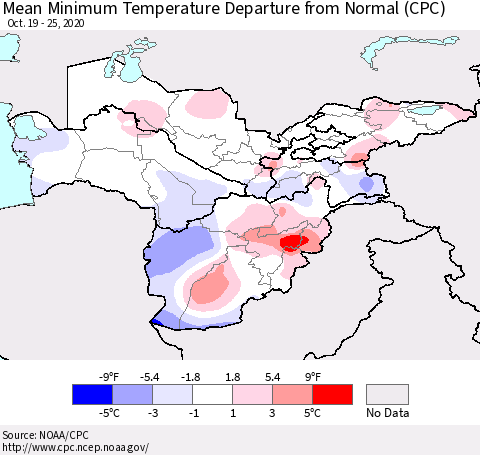 Central Asia Mean Minimum Temperature Departure from Normal (CPC) Thematic Map For 10/19/2020 - 10/25/2020