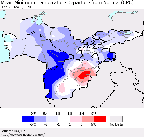 Central Asia Mean Minimum Temperature Departure from Normal (CPC) Thematic Map For 10/26/2020 - 11/1/2020