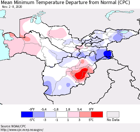 Central Asia Mean Minimum Temperature Departure from Normal (CPC) Thematic Map For 11/2/2020 - 11/8/2020