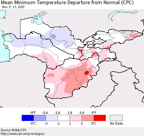 Central Asia Mean Minimum Temperature Departure from Normal (CPC) Thematic Map For 11/9/2020 - 11/15/2020