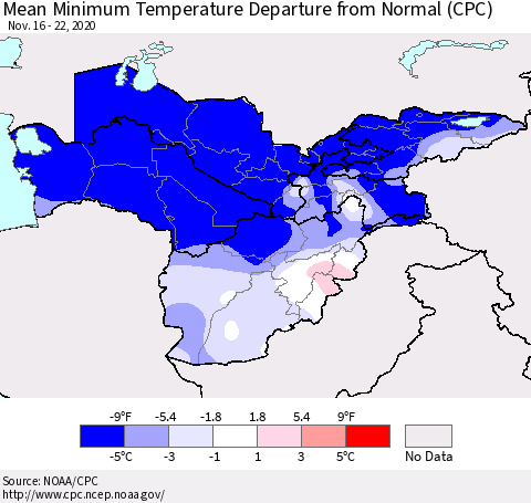 Central Asia Mean Minimum Temperature Departure from Normal (CPC) Thematic Map For 11/16/2020 - 11/22/2020
