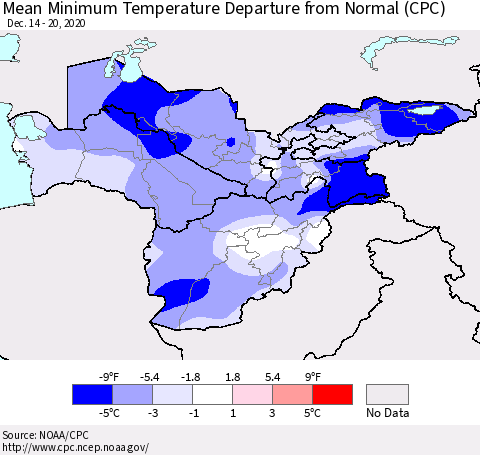 Central Asia Mean Minimum Temperature Departure from Normal (CPC) Thematic Map For 12/14/2020 - 12/20/2020