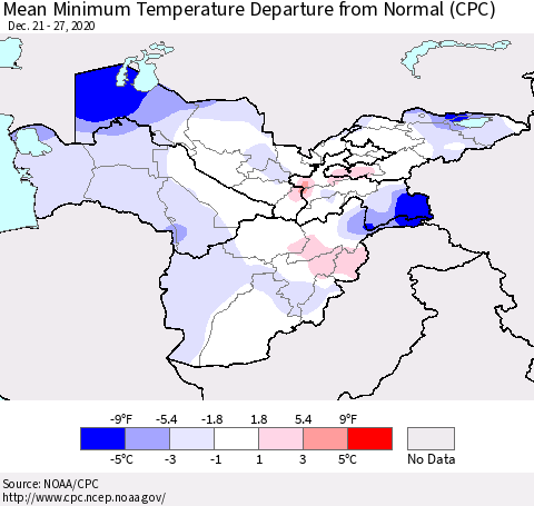 Central Asia Mean Minimum Temperature Departure from Normal (CPC) Thematic Map For 12/21/2020 - 12/27/2020