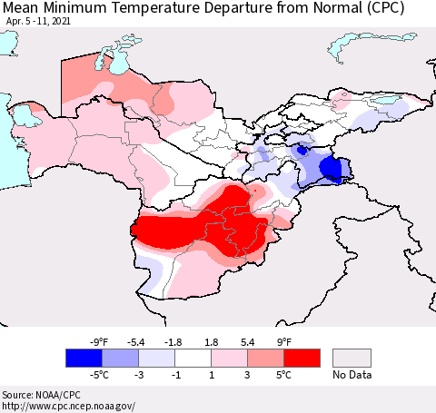 Central Asia Mean Minimum Temperature Departure from Normal (CPC) Thematic Map For 4/5/2021 - 4/11/2021