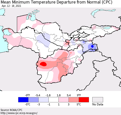 Central Asia Mean Minimum Temperature Departure from Normal (CPC) Thematic Map For 4/12/2021 - 4/18/2021