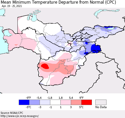 Central Asia Mean Minimum Temperature Departure from Normal (CPC) Thematic Map For 4/19/2021 - 4/25/2021