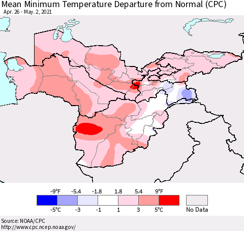 Central Asia Mean Minimum Temperature Departure from Normal (CPC) Thematic Map For 4/26/2021 - 5/2/2021