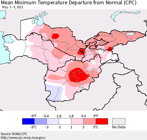 Central Asia Mean Minimum Temperature Departure from Normal (CPC) Thematic Map For 5/3/2021 - 5/9/2021