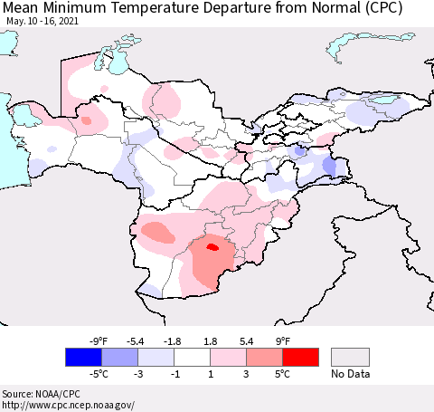 Central Asia Mean Minimum Temperature Departure from Normal (CPC) Thematic Map For 5/10/2021 - 5/16/2021