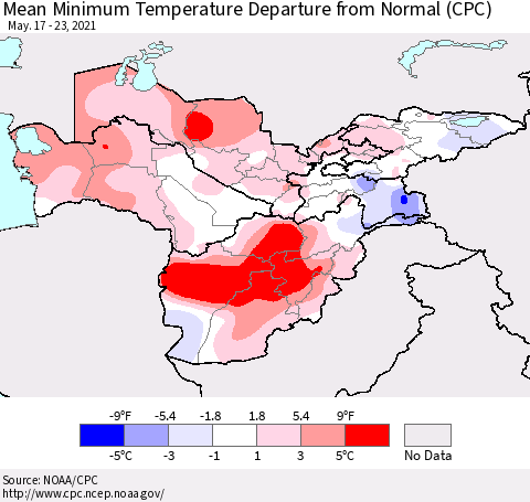 Central Asia Mean Minimum Temperature Departure from Normal (CPC) Thematic Map For 5/17/2021 - 5/23/2021