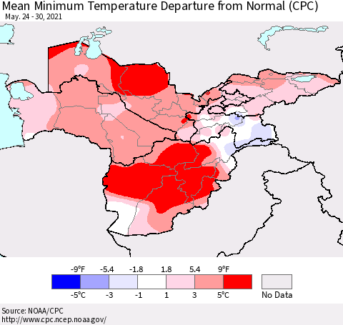 Central Asia Mean Minimum Temperature Departure from Normal (CPC) Thematic Map For 5/24/2021 - 5/30/2021