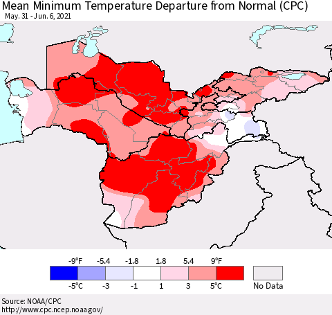 Central Asia Mean Minimum Temperature Departure from Normal (CPC) Thematic Map For 5/31/2021 - 6/6/2021