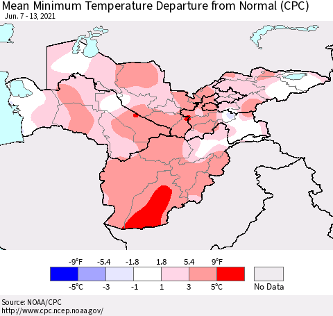 Central Asia Mean Minimum Temperature Departure from Normal (CPC) Thematic Map For 6/7/2021 - 6/13/2021