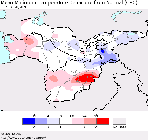 Central Asia Mean Minimum Temperature Departure from Normal (CPC) Thematic Map For 6/14/2021 - 6/20/2021