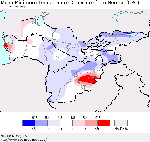Central Asia Mean Minimum Temperature Departure from Normal (CPC) Thematic Map For 6/21/2021 - 6/27/2021