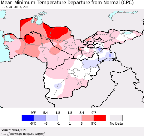 Central Asia Mean Minimum Temperature Departure from Normal (CPC) Thematic Map For 6/28/2021 - 7/4/2021