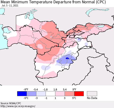 Central Asia Mean Minimum Temperature Departure from Normal (CPC) Thematic Map For 7/5/2021 - 7/11/2021