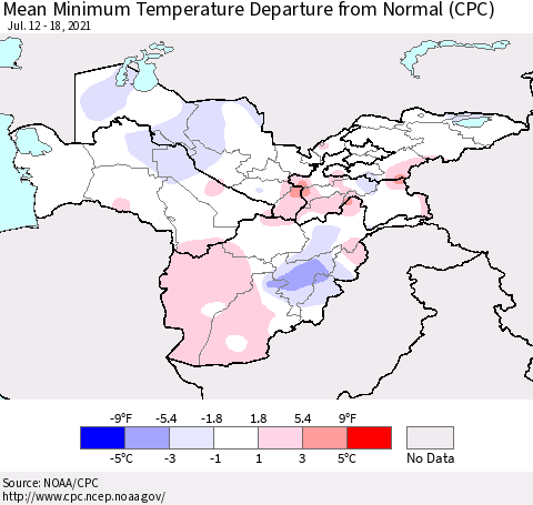 Central Asia Mean Minimum Temperature Departure from Normal (CPC) Thematic Map For 7/12/2021 - 7/18/2021