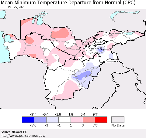 Central Asia Mean Minimum Temperature Departure from Normal (CPC) Thematic Map For 7/19/2021 - 7/25/2021