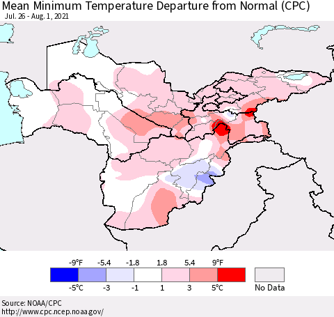 Central Asia Mean Minimum Temperature Departure from Normal (CPC) Thematic Map For 7/26/2021 - 8/1/2021