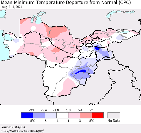 Central Asia Mean Minimum Temperature Departure from Normal (CPC) Thematic Map For 8/2/2021 - 8/8/2021