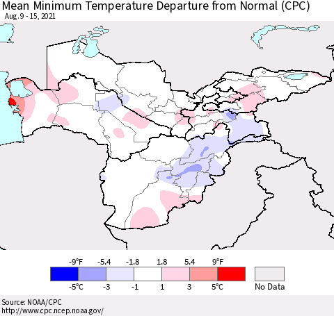 Central Asia Mean Minimum Temperature Departure from Normal (CPC) Thematic Map For 8/9/2021 - 8/15/2021