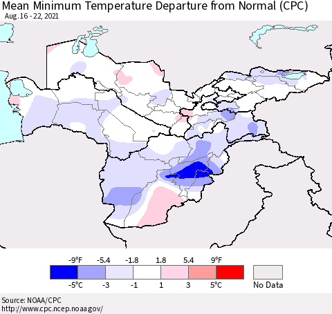 Central Asia Mean Minimum Temperature Departure from Normal (CPC) Thematic Map For 8/16/2021 - 8/22/2021