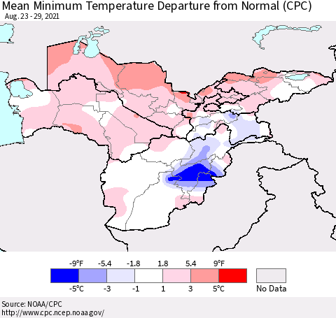 Central Asia Mean Minimum Temperature Departure from Normal (CPC) Thematic Map For 8/23/2021 - 8/29/2021