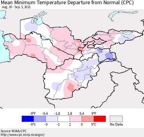 Central Asia Mean Minimum Temperature Departure from Normal (CPC) Thematic Map For 8/30/2021 - 9/5/2021