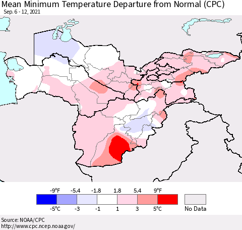 Central Asia Mean Minimum Temperature Departure from Normal (CPC) Thematic Map For 9/6/2021 - 9/12/2021