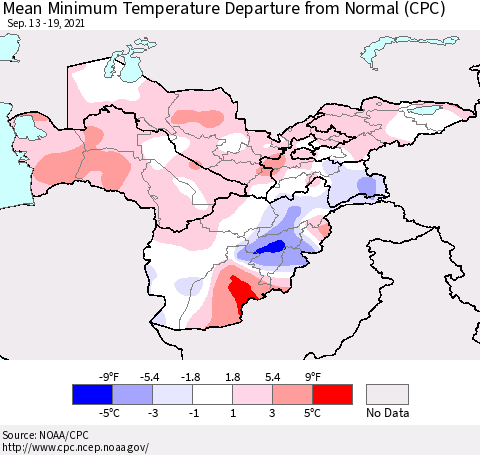 Central Asia Mean Minimum Temperature Departure from Normal (CPC) Thematic Map For 9/13/2021 - 9/19/2021