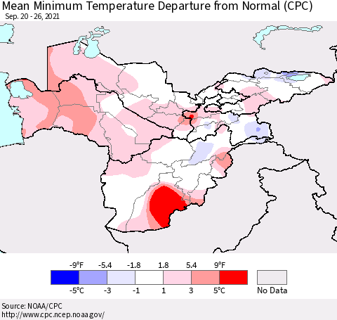 Central Asia Mean Minimum Temperature Departure from Normal (CPC) Thematic Map For 9/20/2021 - 9/26/2021