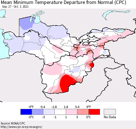 Central Asia Mean Minimum Temperature Departure from Normal (CPC) Thematic Map For 9/27/2021 - 10/3/2021