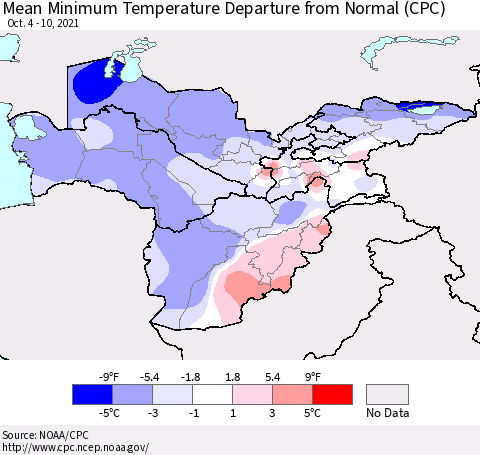 Central Asia Mean Minimum Temperature Departure from Normal (CPC) Thematic Map For 10/4/2021 - 10/10/2021