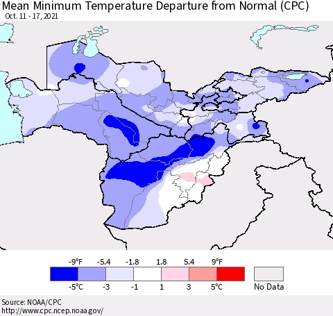 Central Asia Mean Minimum Temperature Departure from Normal (CPC) Thematic Map For 10/11/2021 - 10/17/2021