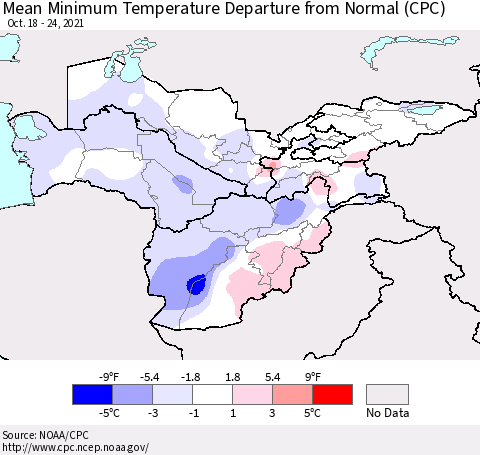 Central Asia Mean Minimum Temperature Departure from Normal (CPC) Thematic Map For 10/18/2021 - 10/24/2021